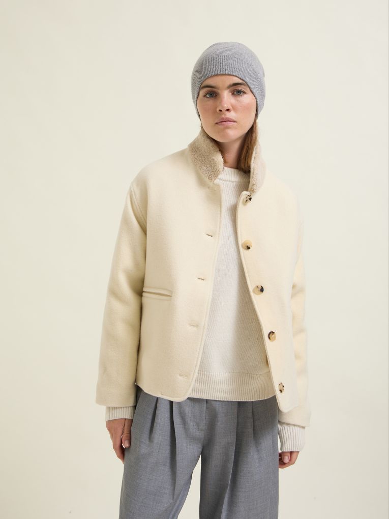 Dana Manteau beige col fourrure en laine et cachemire pour femme